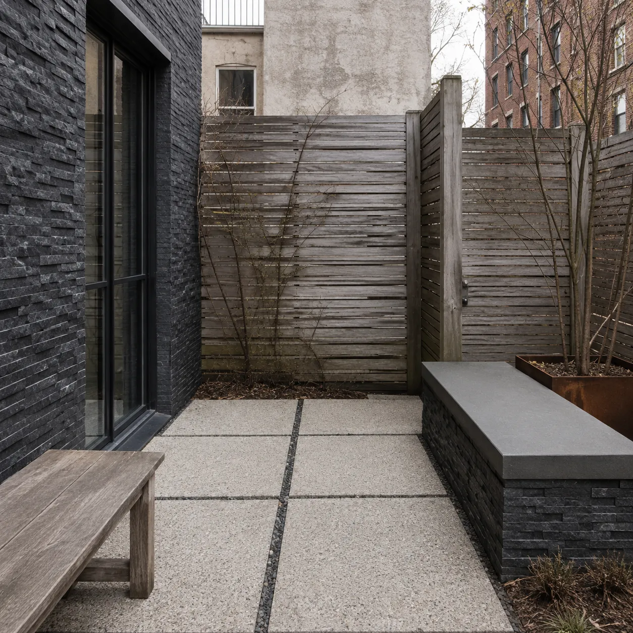 Installed-space view showing materials similar to Canal Travertine