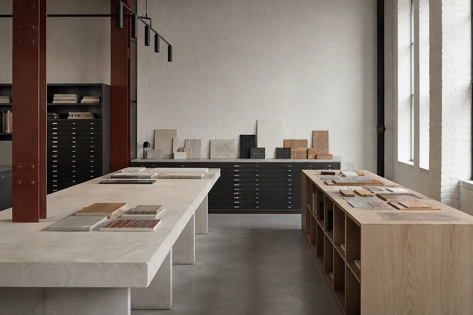 A quiet architectural material library with stone tables, sample drawers, and arranged finish specimens